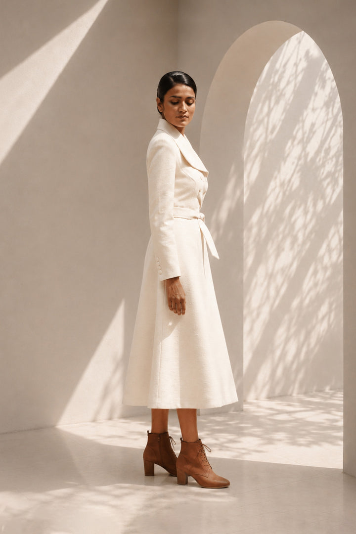 Ivory wrap coat dress featuring an architectural collar, asymmetrical button detailing, and a self-tie belt