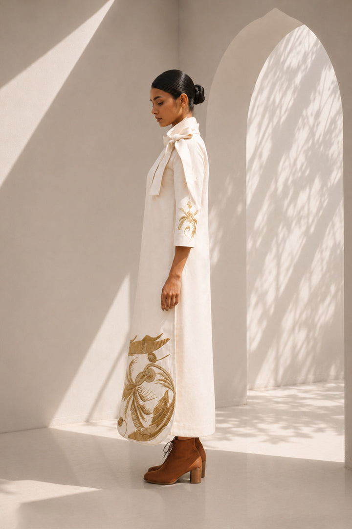Ivory shift dress adorned with bold botanical artwork and a sculptural bow neckline.