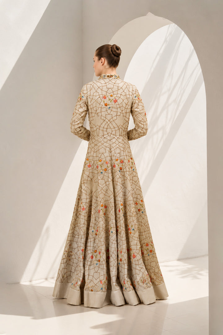 Ivory embroidered full-length long jacket dress featuring intricate geometric &amp; floral embroidery, elegant mandarin collar with concealed front closure, full-length sleeves.