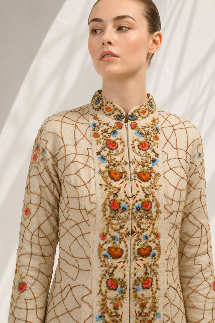 Ivory embroidered full-length long jacket dress featuring intricate geometric &amp; floral embroidery, elegant mandarin collar with concealed front closure, full-length sleeves.