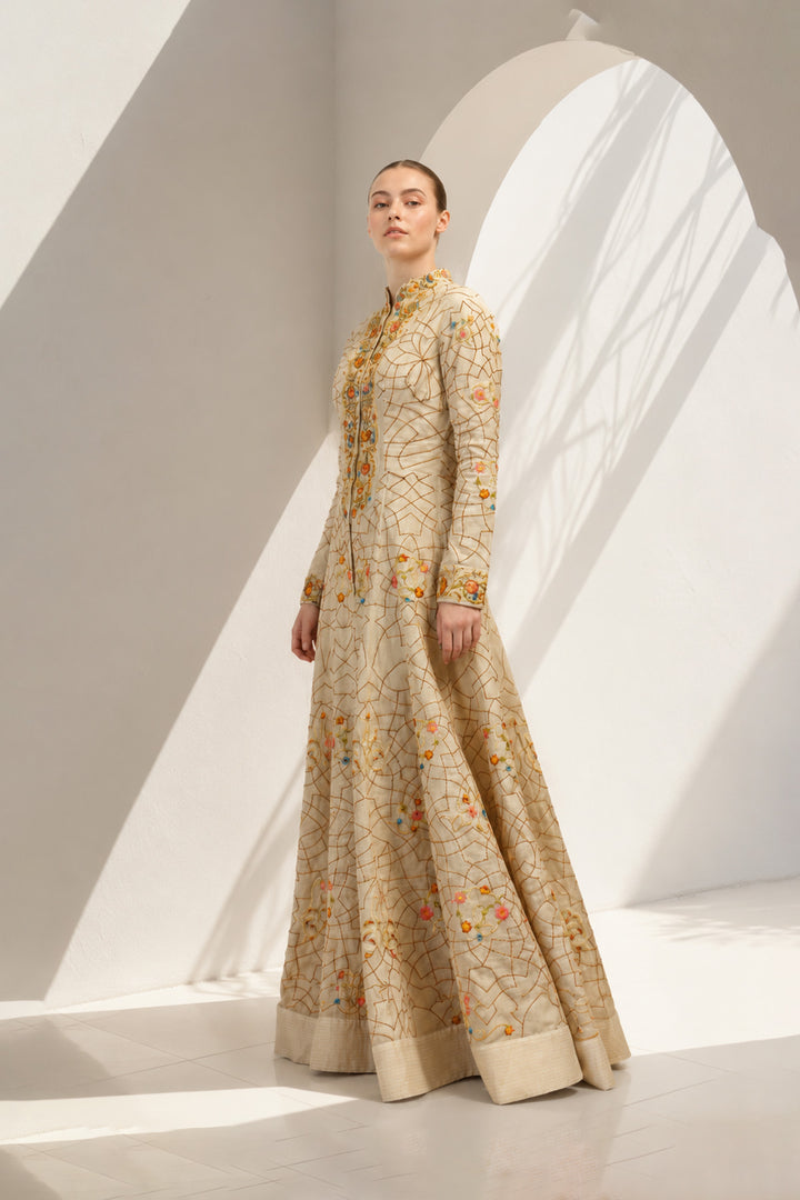 Ivory embroidered full-length long jacket dress featuring intricate geometric &amp; floral embroidery, elegant mandarin collar with concealed front closure, full-length sleeves.