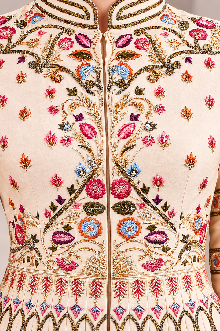 Ivory embroidered gown featuring a regal mandarin collar, full-length sleeves, fitted bodice with a voluminous flared silhouette.