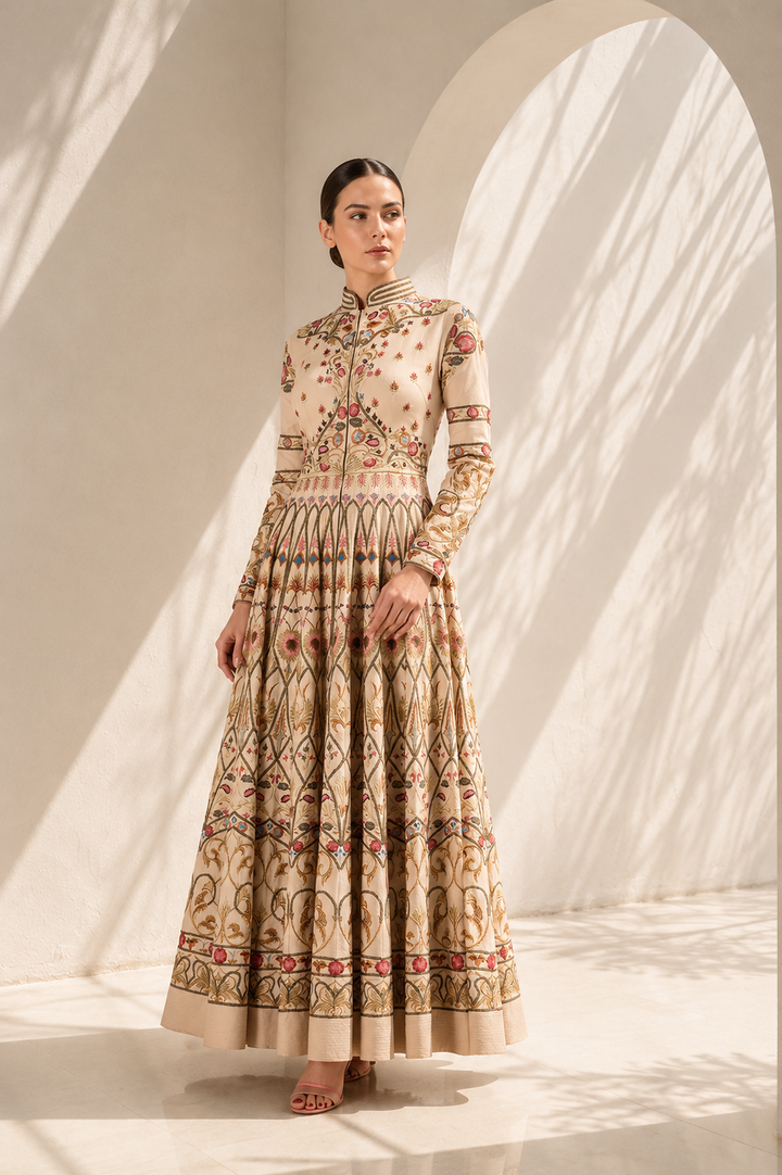 Ivory embroidered gown featuring a regal mandarin collar, full-length sleeves, fitted bodice with a voluminous flared silhouette.