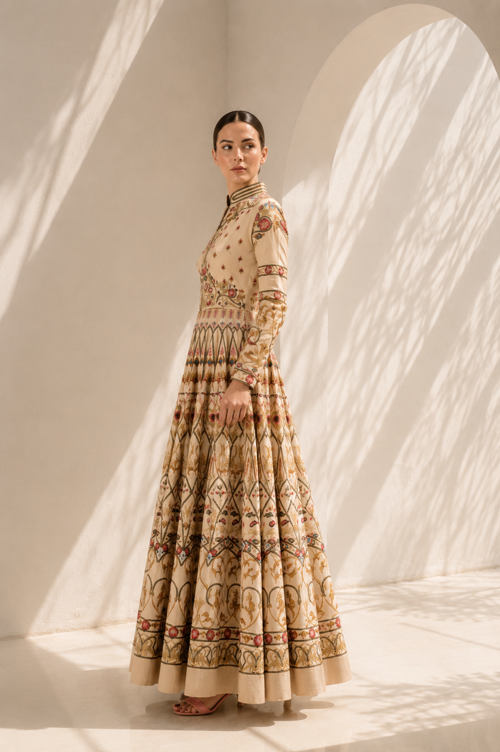 Ivory embroidered gown featuring a regal mandarin collar, full-length sleeves, fitted bodice with a voluminous flared silhouette.