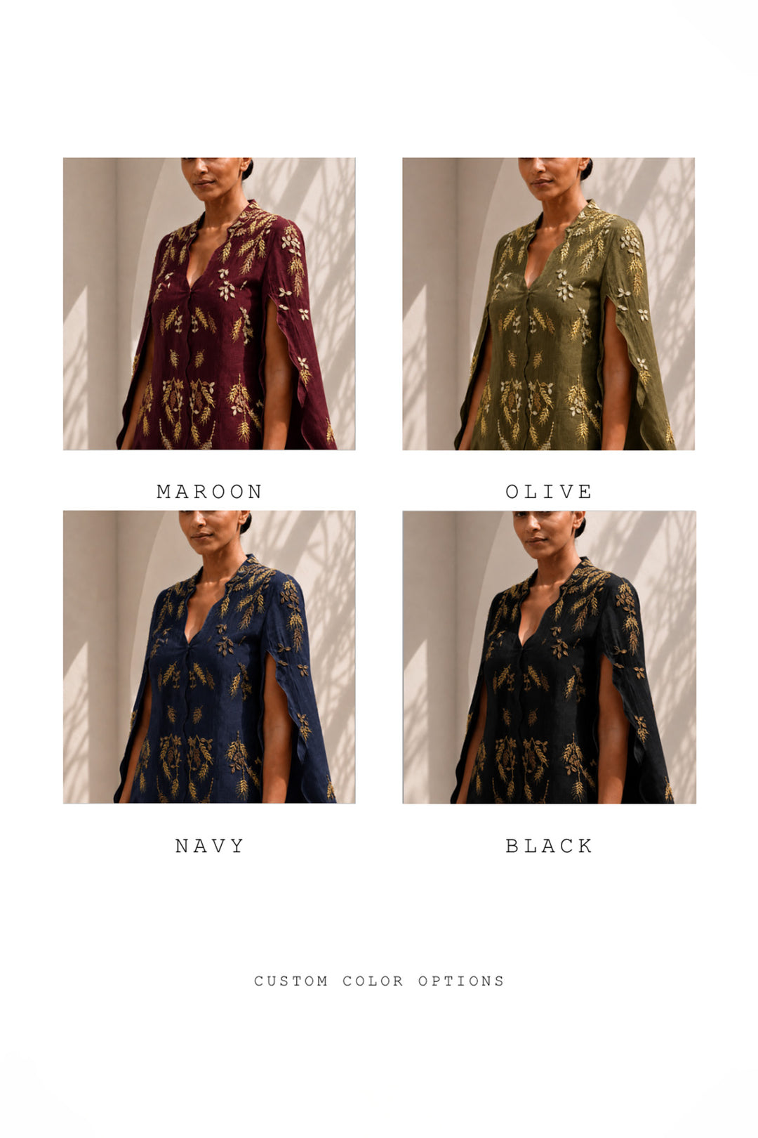 Ivory ensemble featuring flowing cape sleeves and all-over wheat-inspired embroidery.