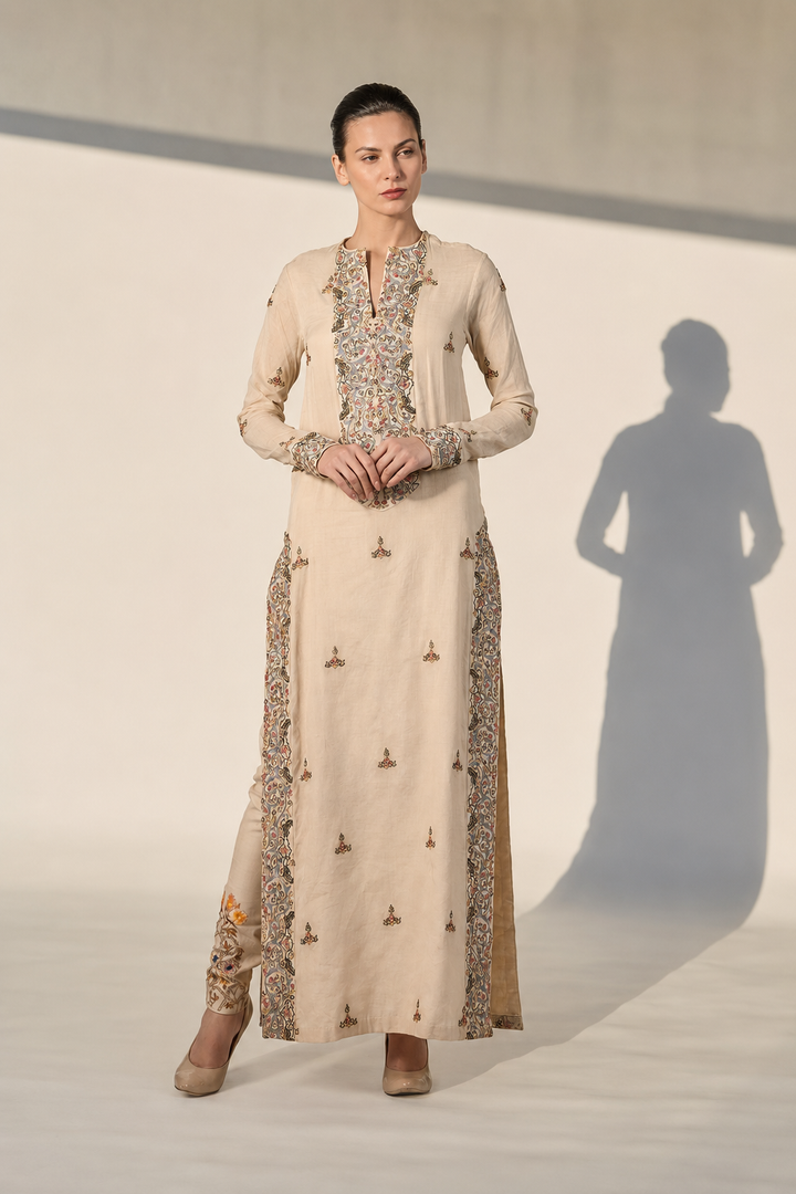 Beige Straight-Cut Ankle-Length Kurta Set