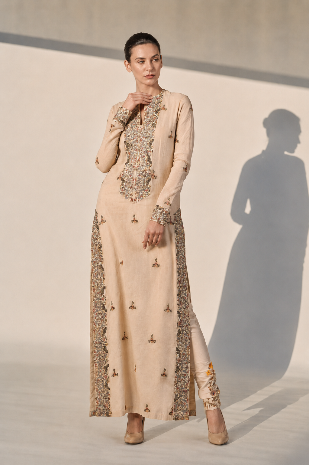 Beige Straight-Cut Ankle-Length Kurta Set