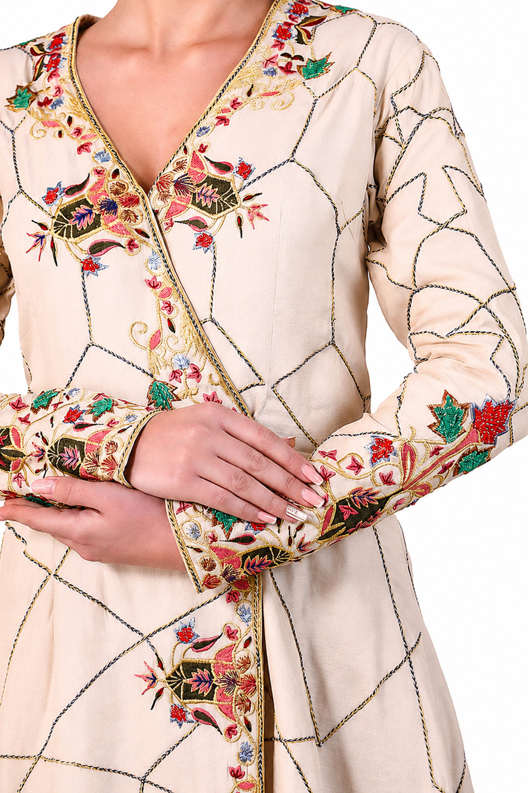 Ivory elegant overlap anarkali featuring flattering V-neckline with full sleeves, and adorned with delicate geometric linework &amp; multicolor floral embroidery.