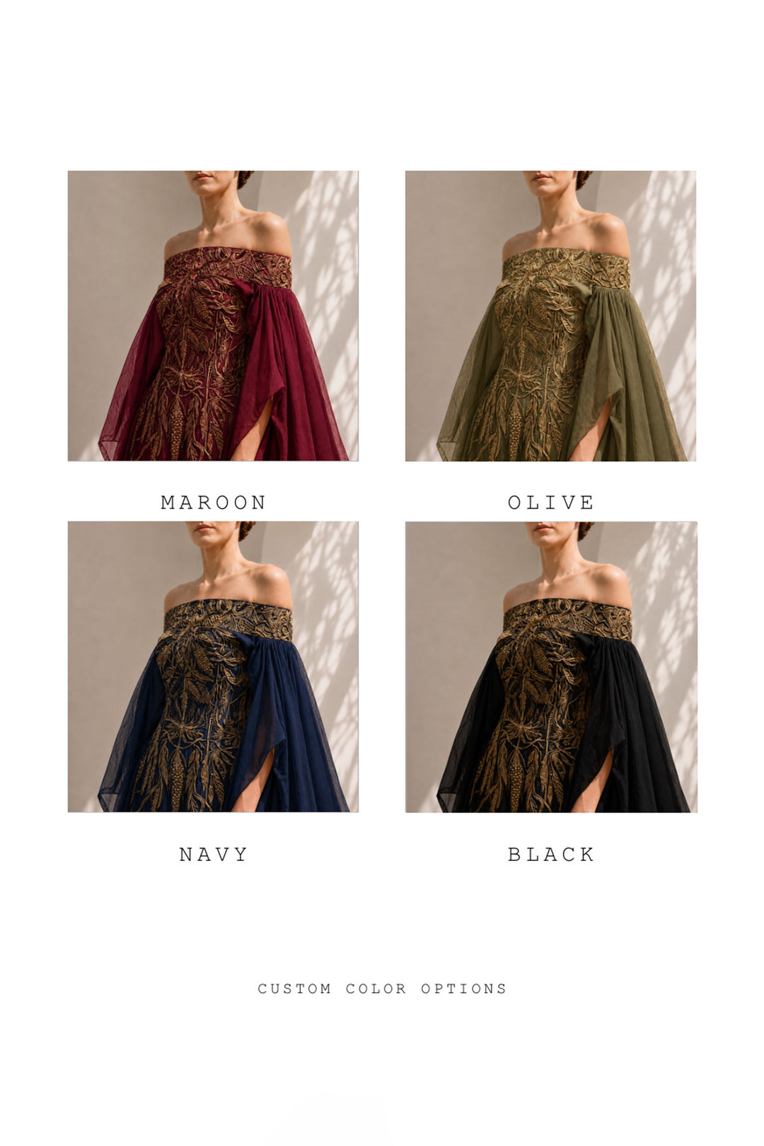 Ivory statement gown featuring intricate embroidery, an off-shoulder neckline, and dramatic sheer sleeves.