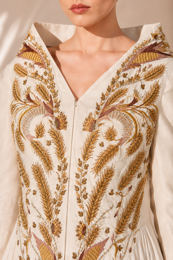 Ivory Yoke Embroidered Gown
