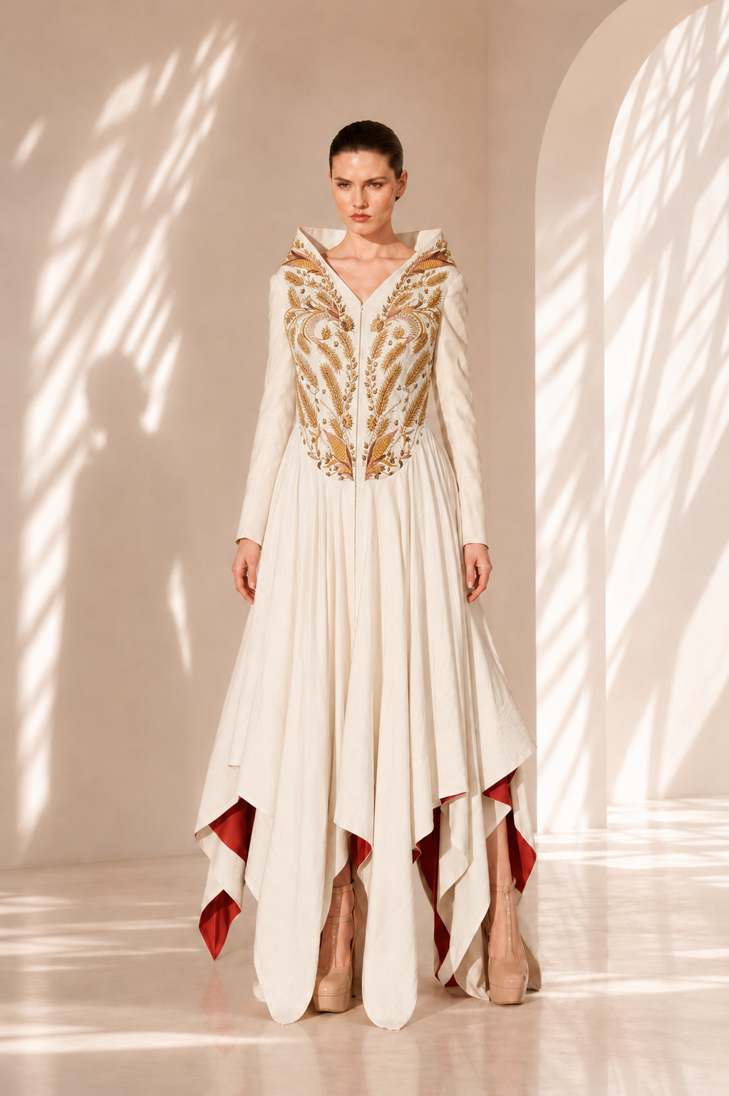 Ivory Yoke Embroidered Gown