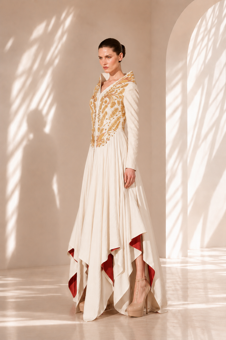 Ivory Yoke Embroidered Gown