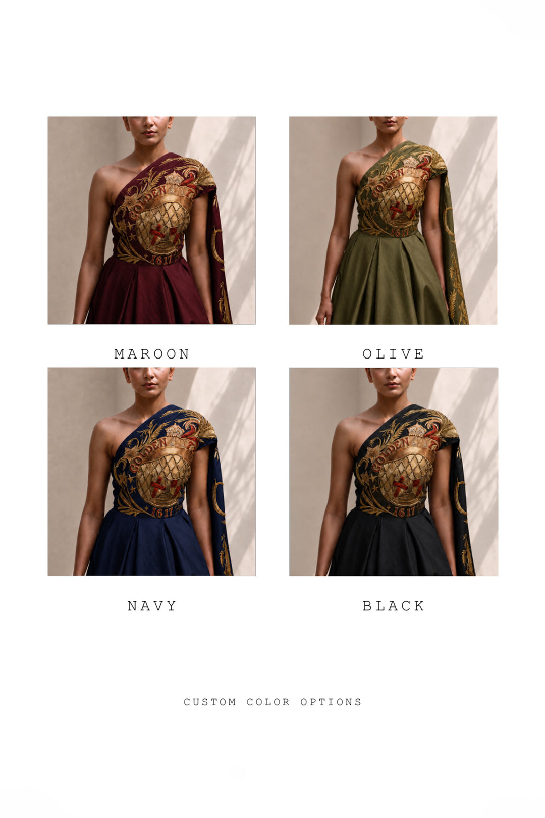 Ivory statement shoulder panel gown featuring gold and crimson artwork and sculptural draping.