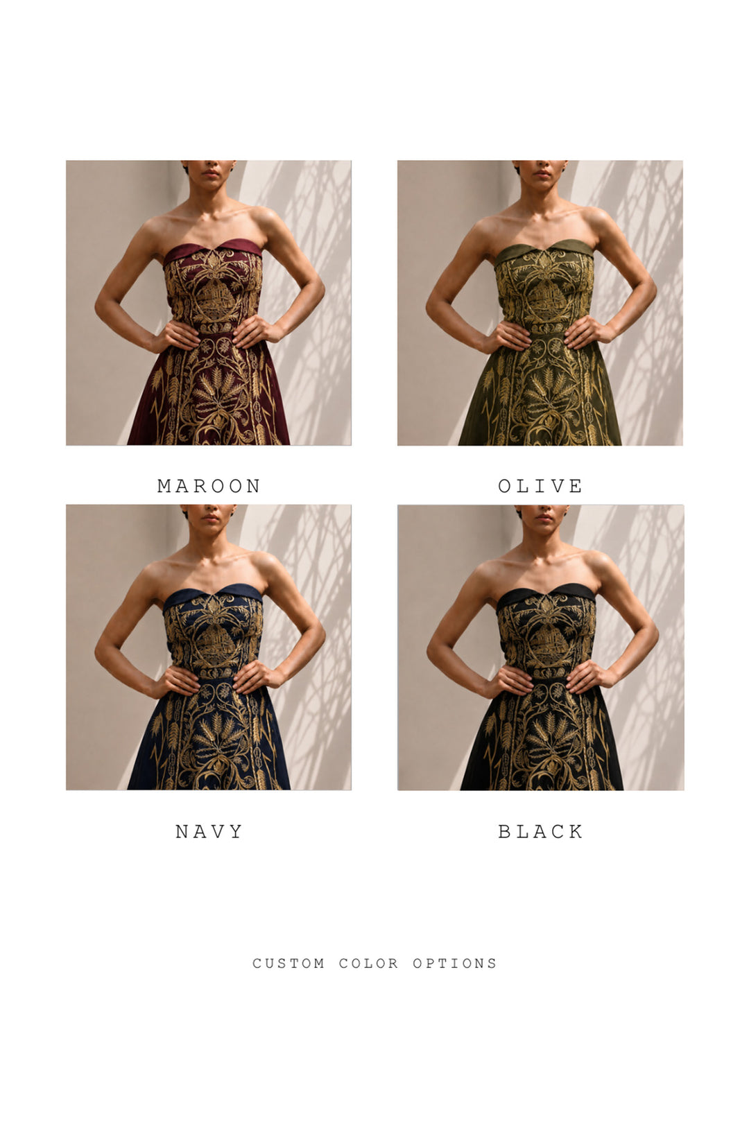 Ivory strapless sweetheart neckline statement gown enriched with gold embroidery.