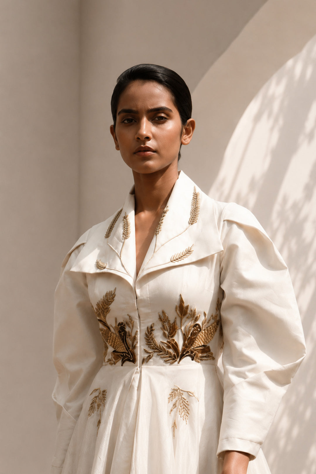 Ivory statement gown featuring sculptural sleeves, delicate embroidery, and an effortlessly flowing silhouette.