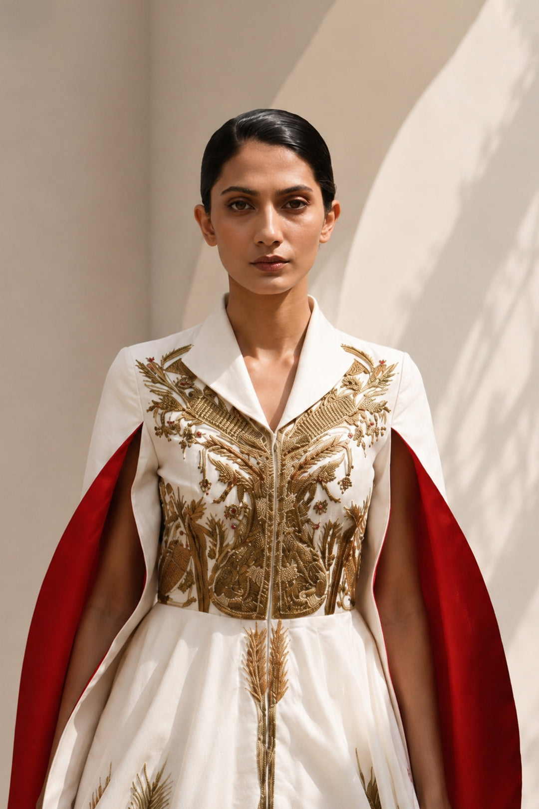 Ivory ensemble featuring intricate gold embroidery, dramatic cape sleeves, and layered volume for a look that is both regal and contemporary.