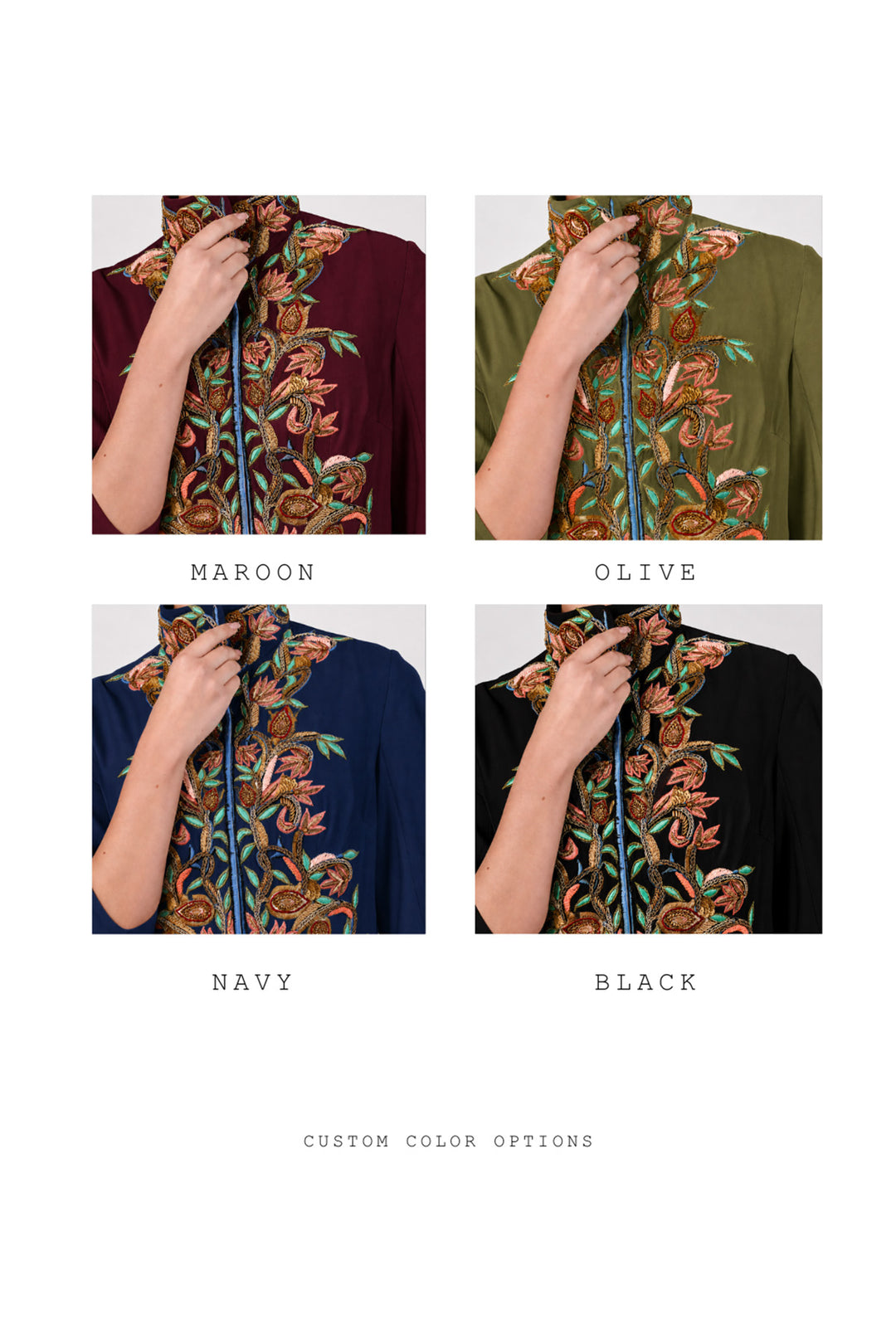 Ivory statement jacket gown adorned with vibrant floral embroidery, elegant high-neck collar detailing and tailored bodice with flatering fit.