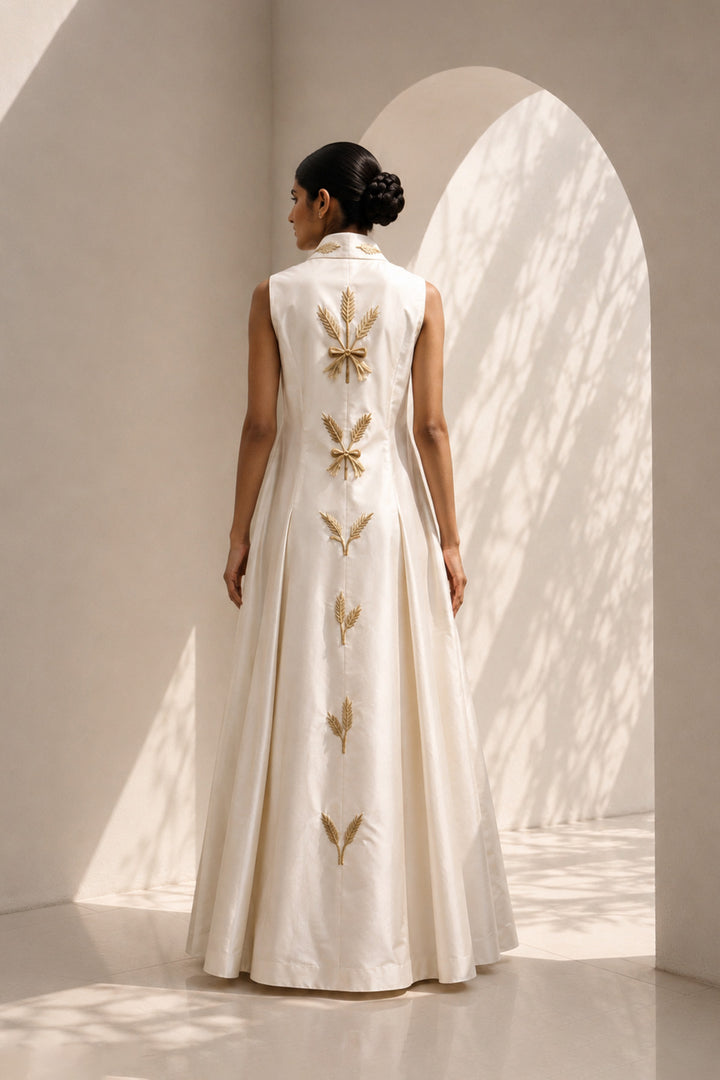 Ivory wrap-inspired gown featuring deep lapel neckline , delicate wheat motif embroidery &amp; blending understated luxury with timeless sophistication.