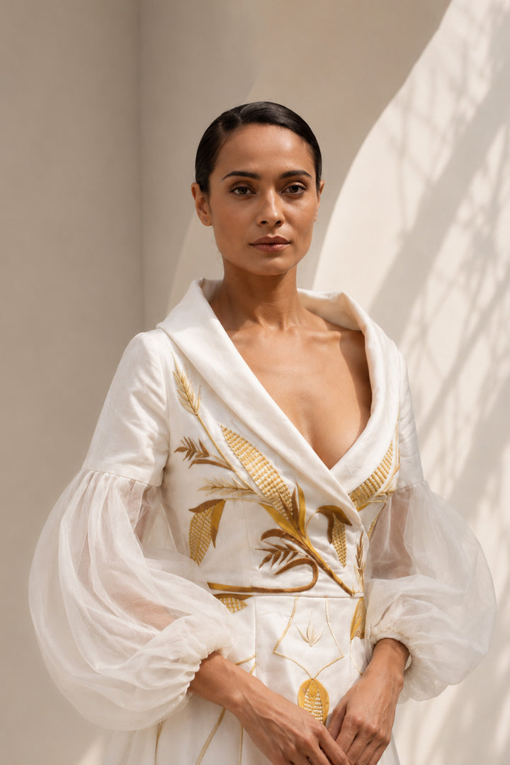 Ivory gown featuring statement sleeves, elegant shwal collar neckline and nature inspired motif embroidery.