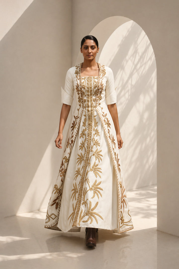 Ivory embroidered panel gown featuring elegant square neckline, structured bodice &amp; antique gold handcrafted threadwork.