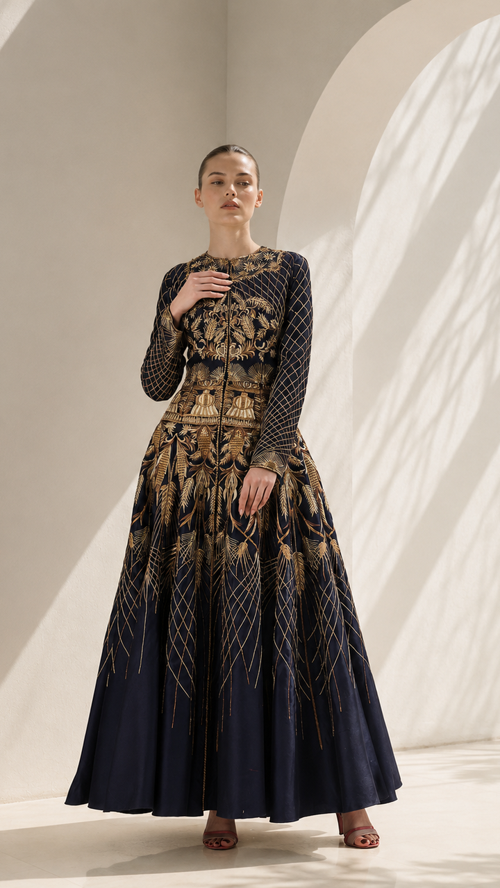 Woman wearing a black and gold patterned dress in a softly lit room.