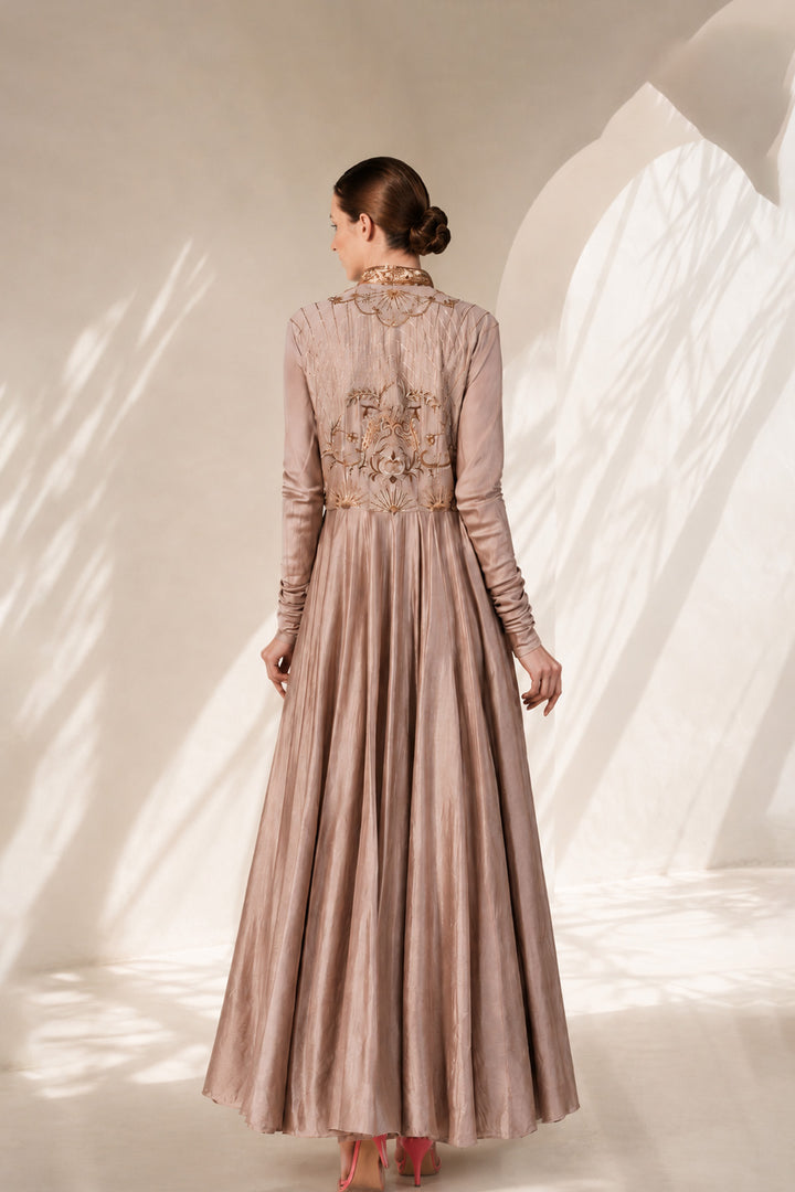 Taupe embroidered Anarkali gown featuring heritage-inspired threadwork, mandarin collar, pintuck detailing on the bodice.