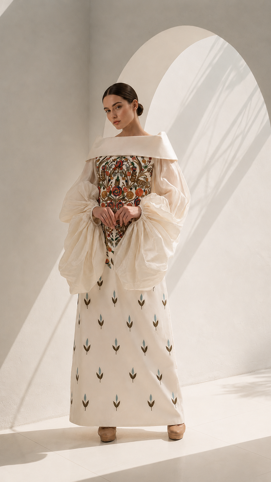 Woman wearing a long, elegant dress with intricate patterns in a softly lit room.
