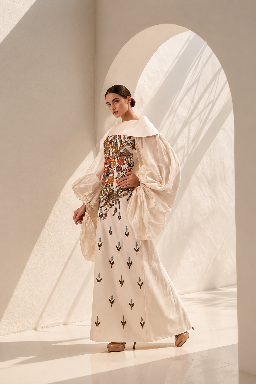Embroidered Dress with big Balloon Sleeves and stylized neck