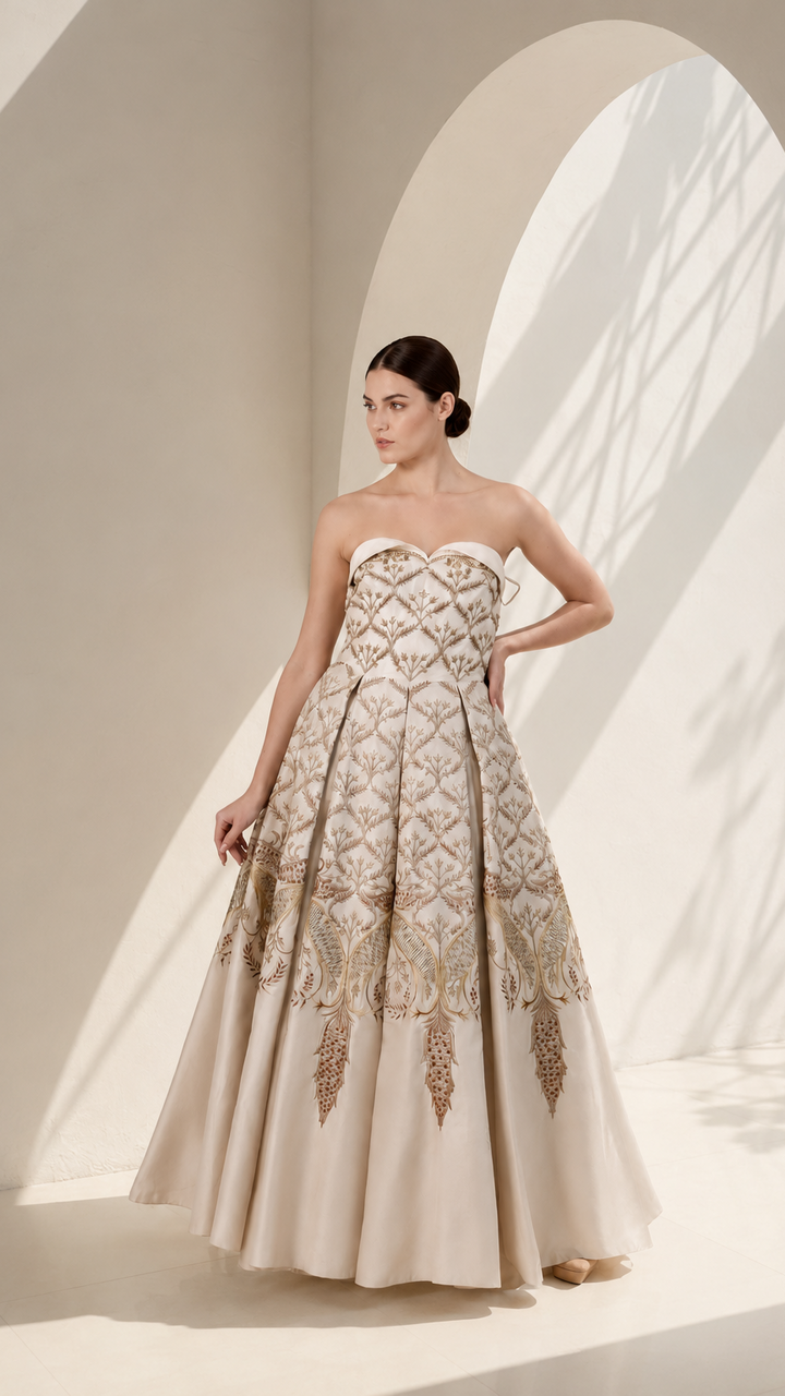 Woman wearing a strapless, intricately designed gown in a bright, minimalistic setting.