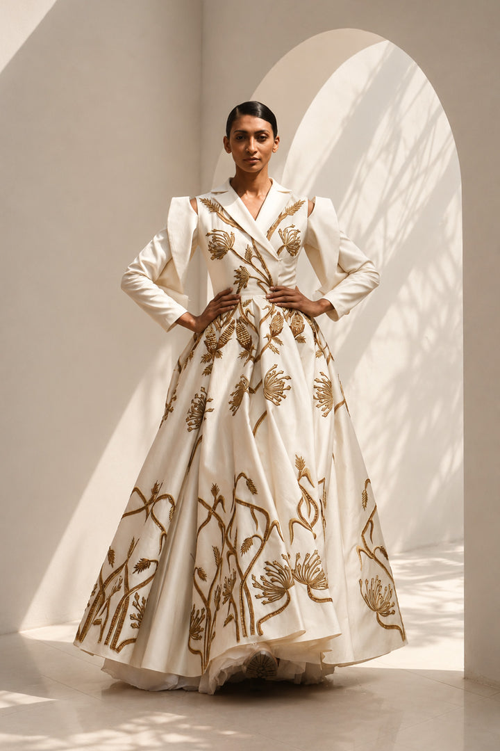 Ivory embroidered gown featuring a tailored blazer-inspired bodice with sculptural cut-out sleeves and voluminous flare.