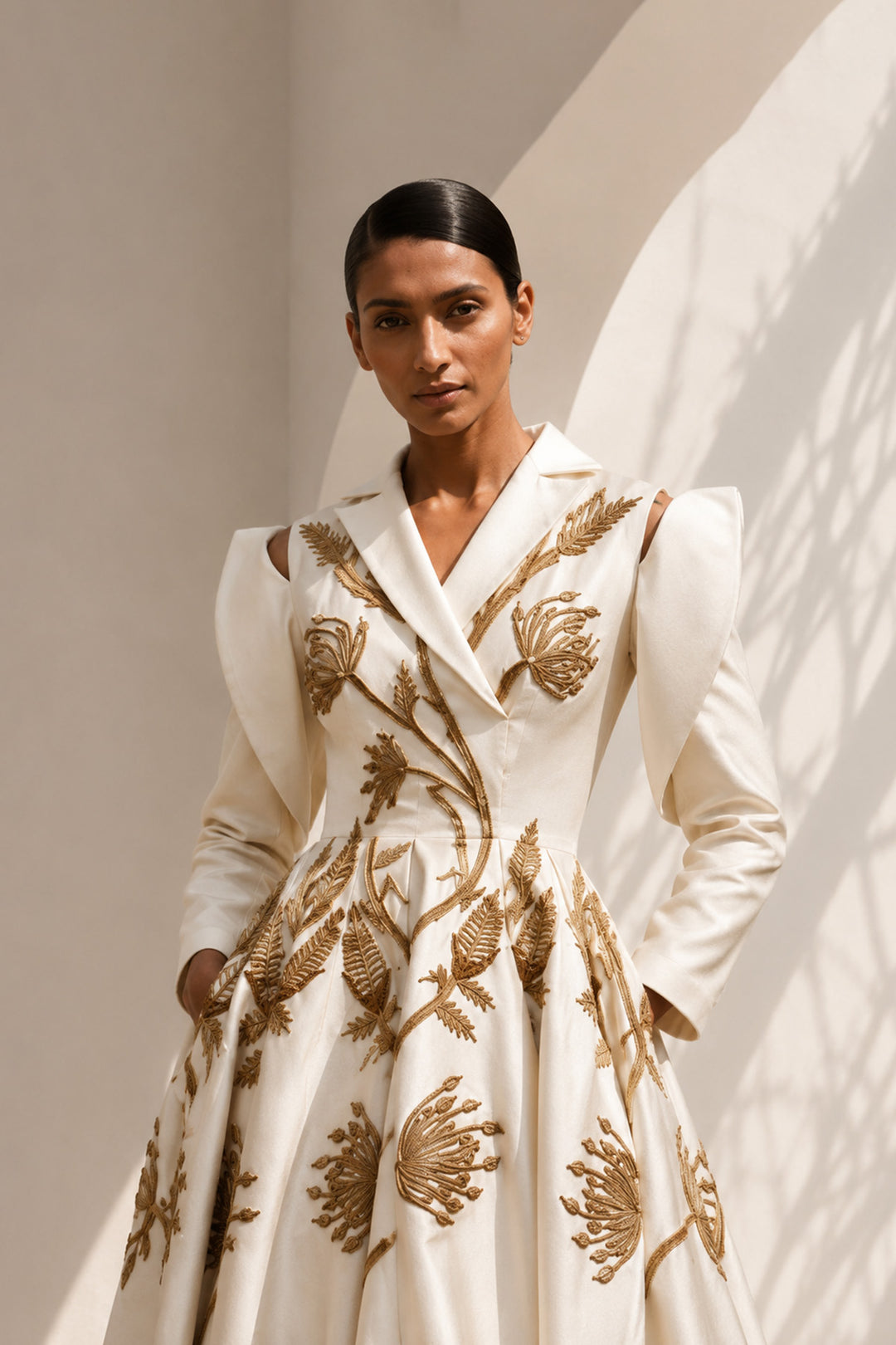 Ivory embroidered gown featuring a tailored blazer-inspired bodice with sculptural cut-out sleeves and voluminous flare.