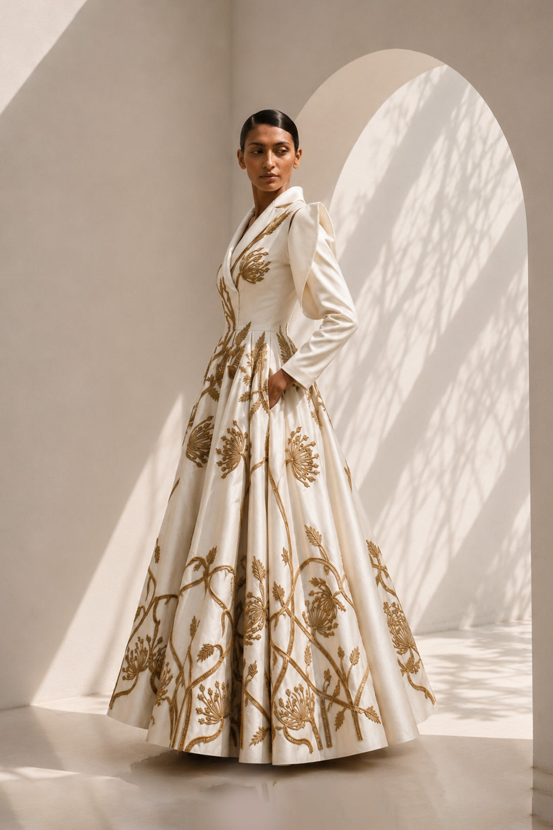 Ivory embroidered gown featuring a tailored blazer-inspired bodice with sculptural cut-out sleeves and voluminous flare.