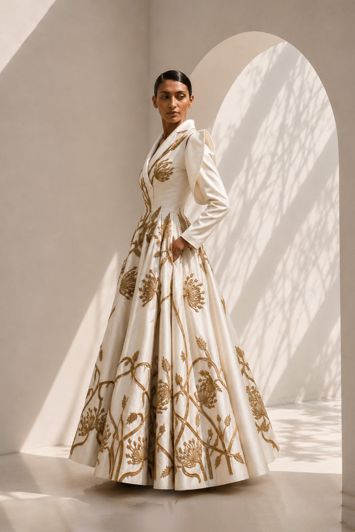 Ivory embroidered gown featuring a tailored blazer-inspired bodice with sculptural cut-out sleeves and voluminous flare.