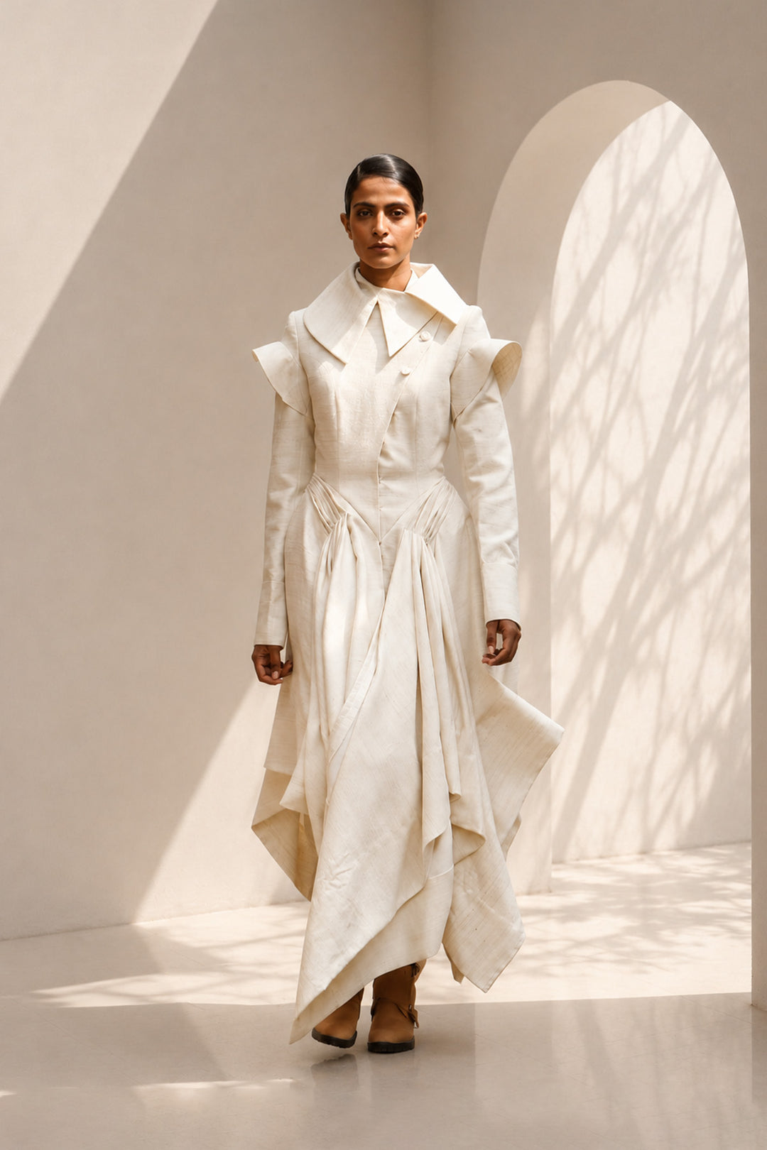 Ivory dress featuring an architectural oversized collar, sculpted shoulders, and fluid draped panels.