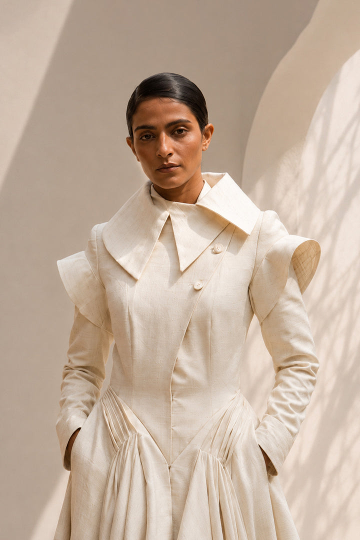Ivory dress featuring an architectural oversized collar, sculpted shoulders, and fluid draped panels.