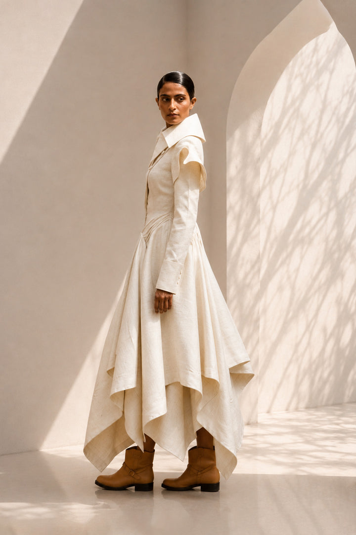 Ivory dress featuring an architectural oversized collar, sculpted shoulders, and fluid draped panels.