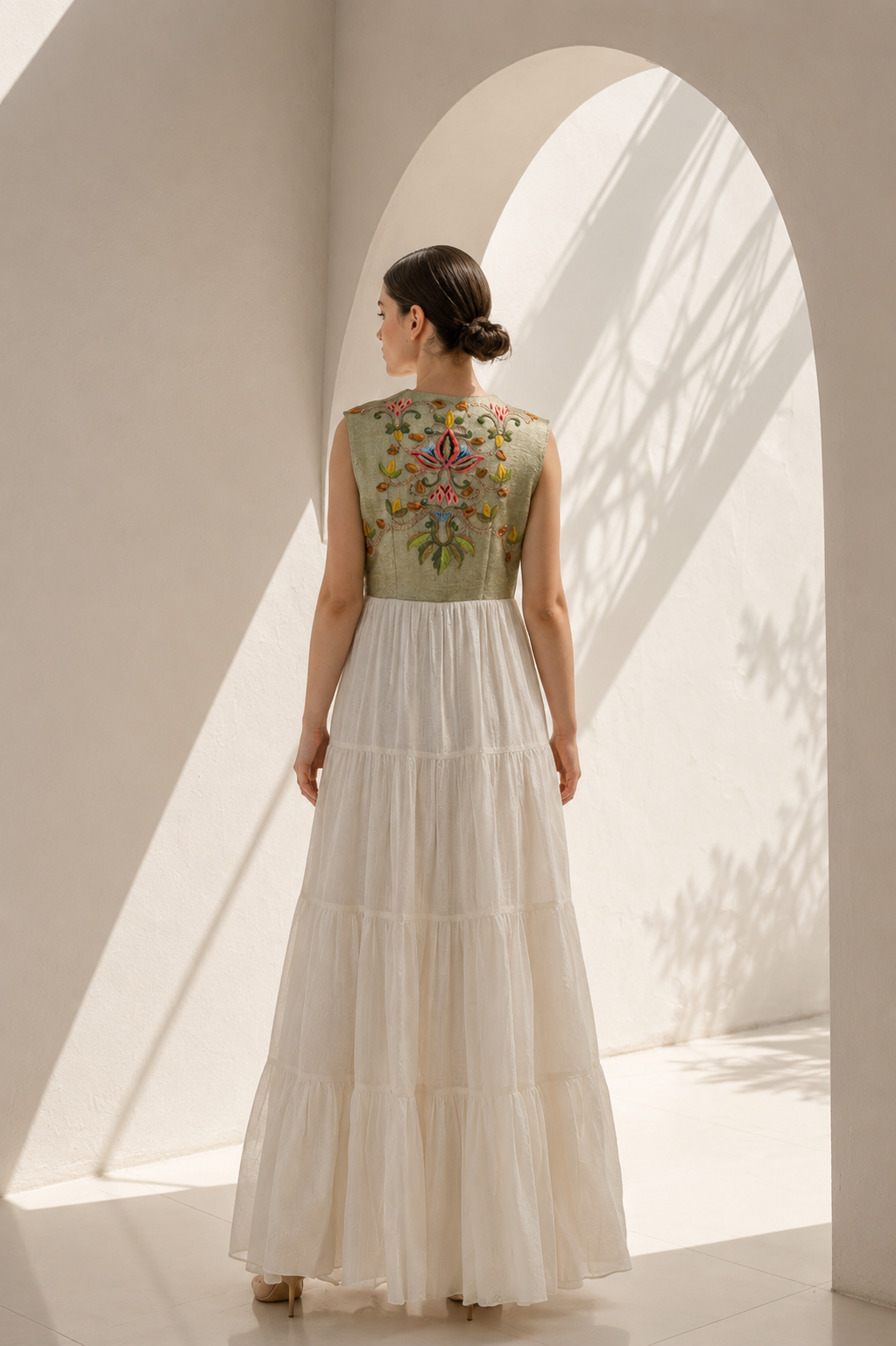 Yoke Embroidered Tiered Dress