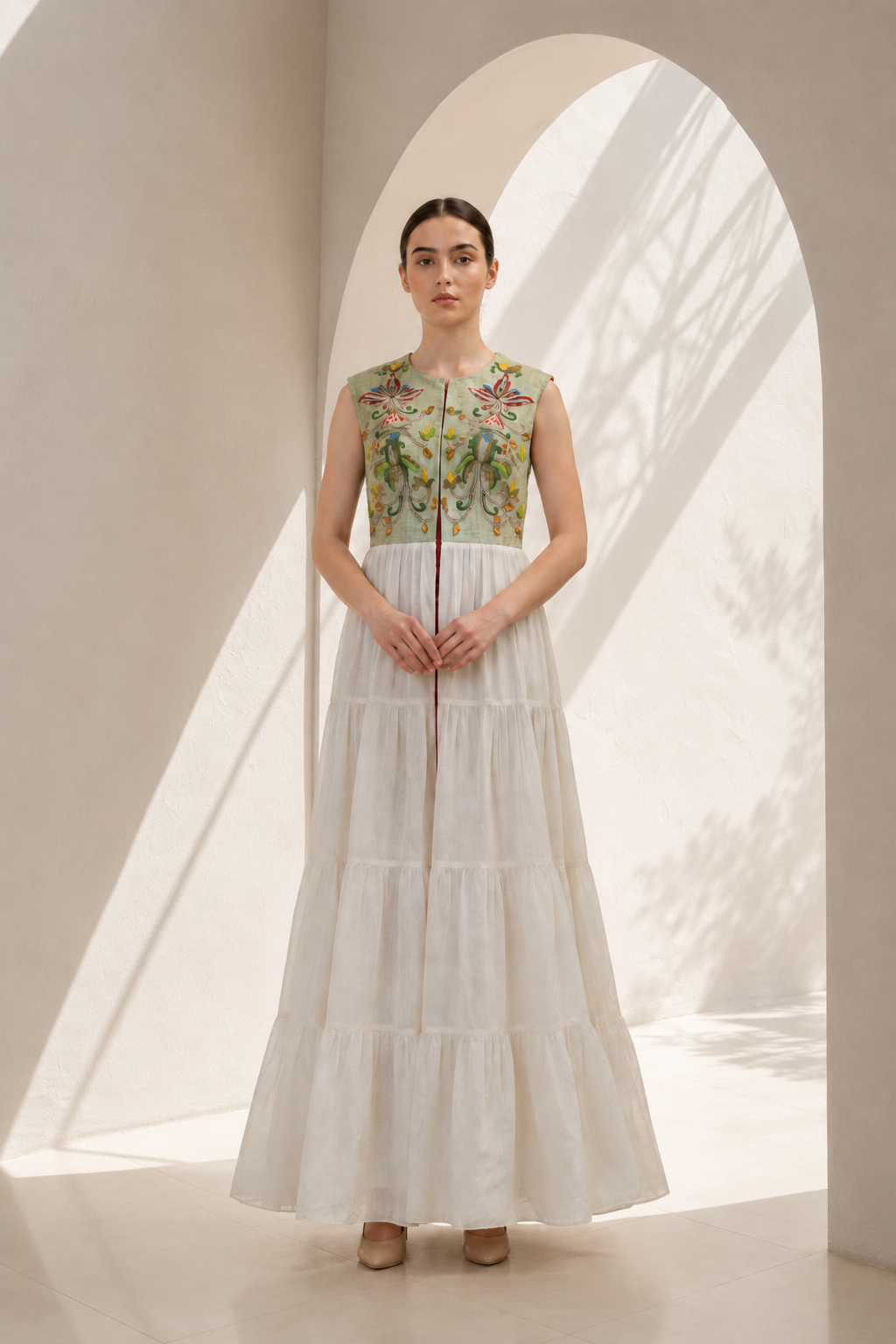 Yoke Embroidered Tiered Dress