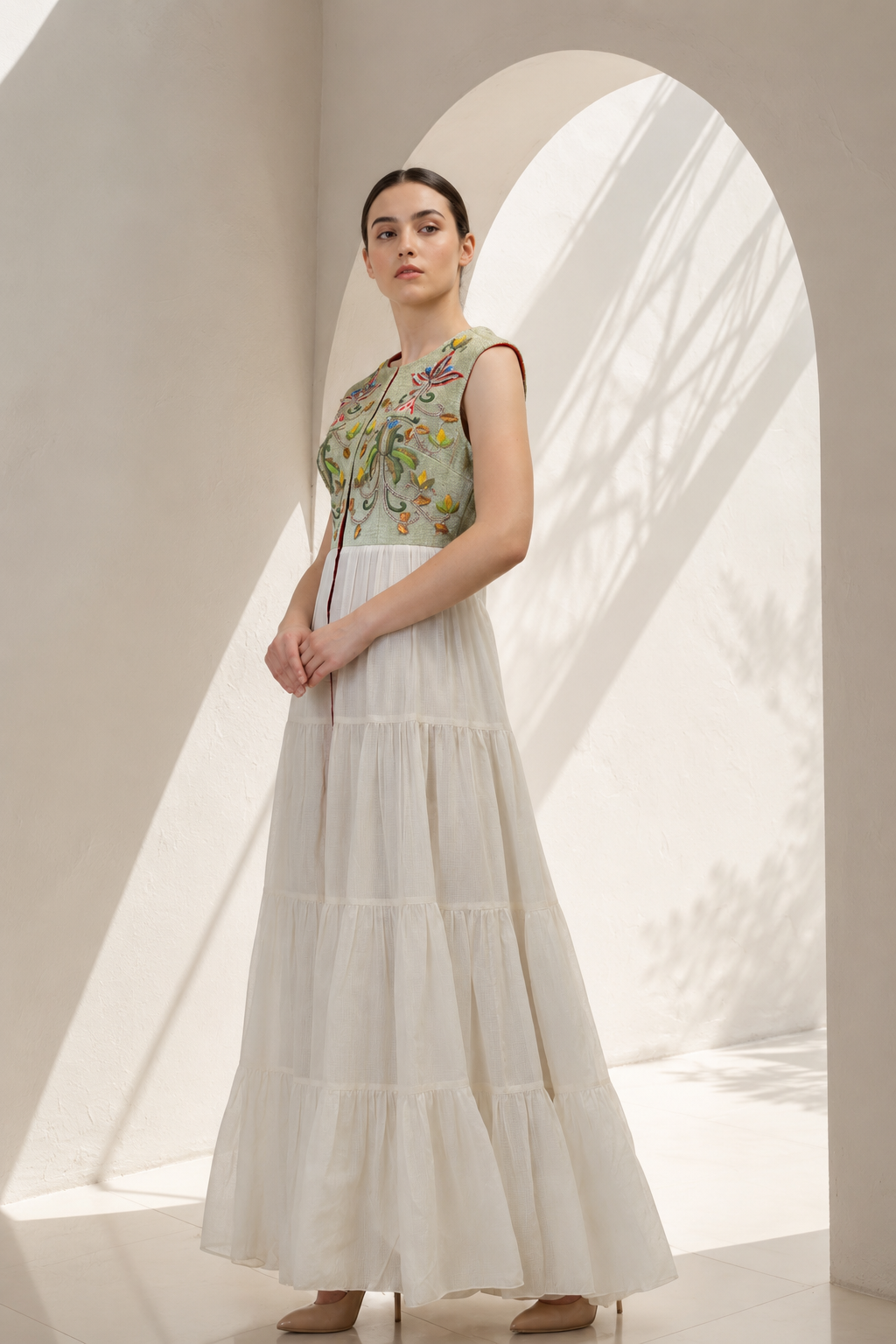 Yoke Embroidered Tiered Dress