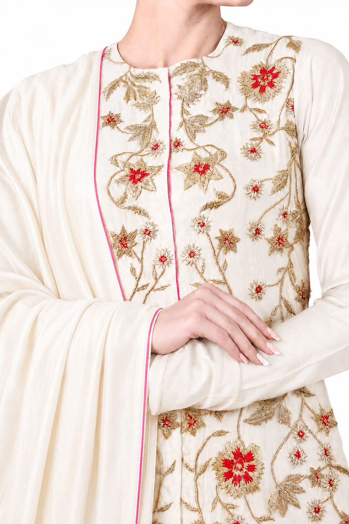 Ivory Embroidered Kurta Sharara Set