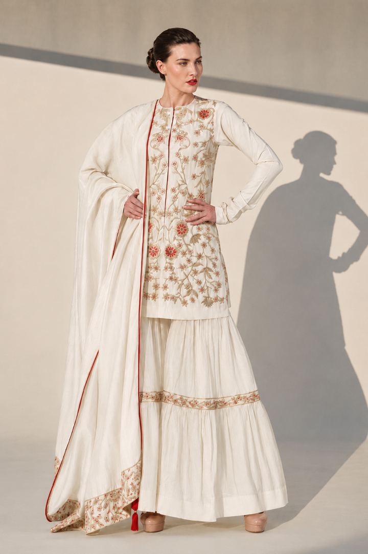 Ivory Embroidered Kurta Sharara Set