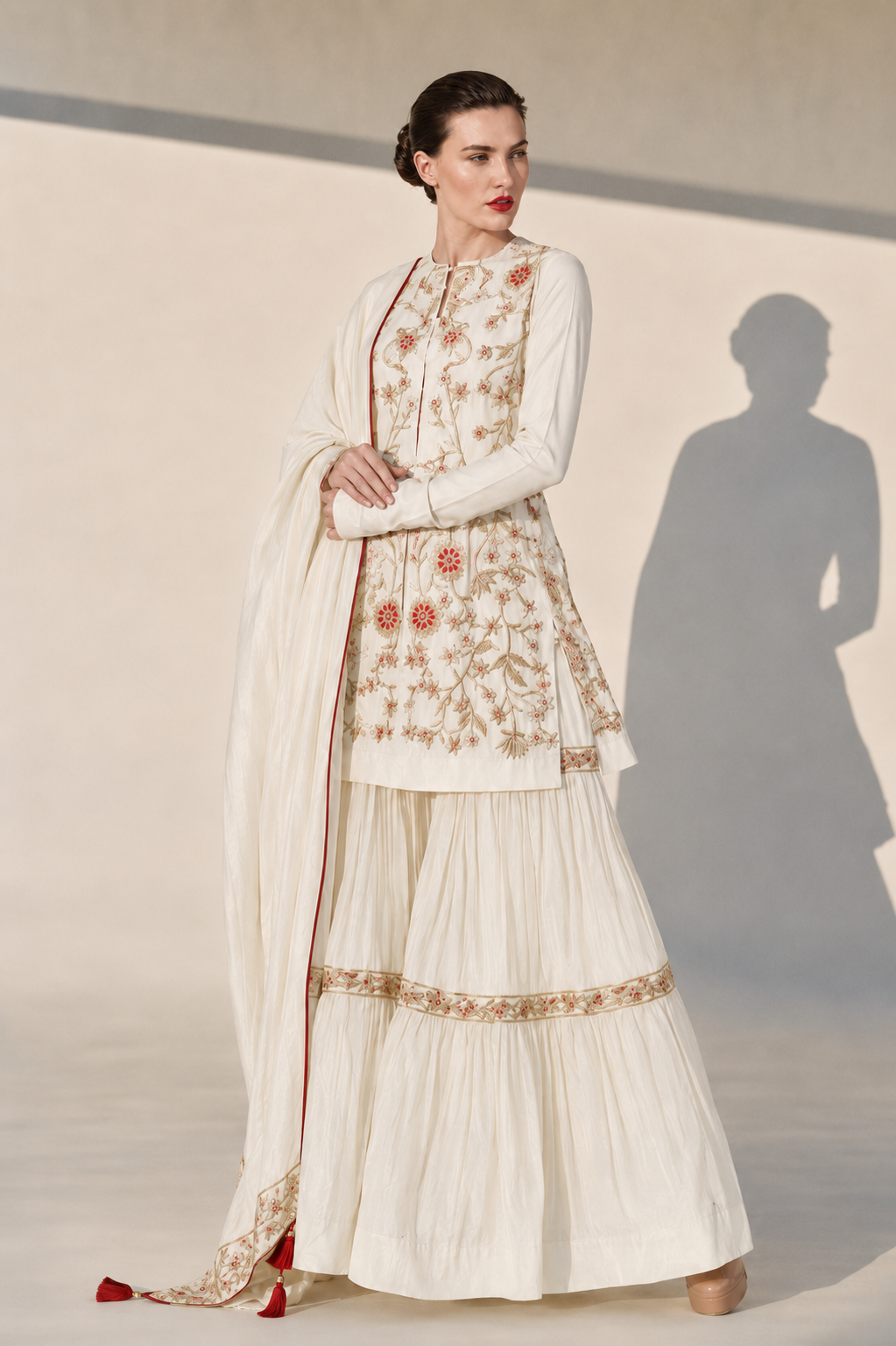 Ivory Embroidered Kurta Sharara Set