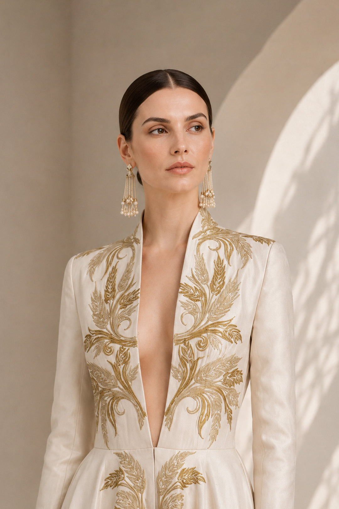Ivory embroidered gown featuring an architectural plunging neckline, full-sleeved, structured bodice, voluminous flared hem.
