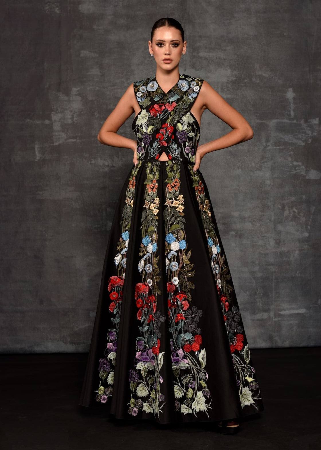 Striking Floral Embroidered Black Formal Gown