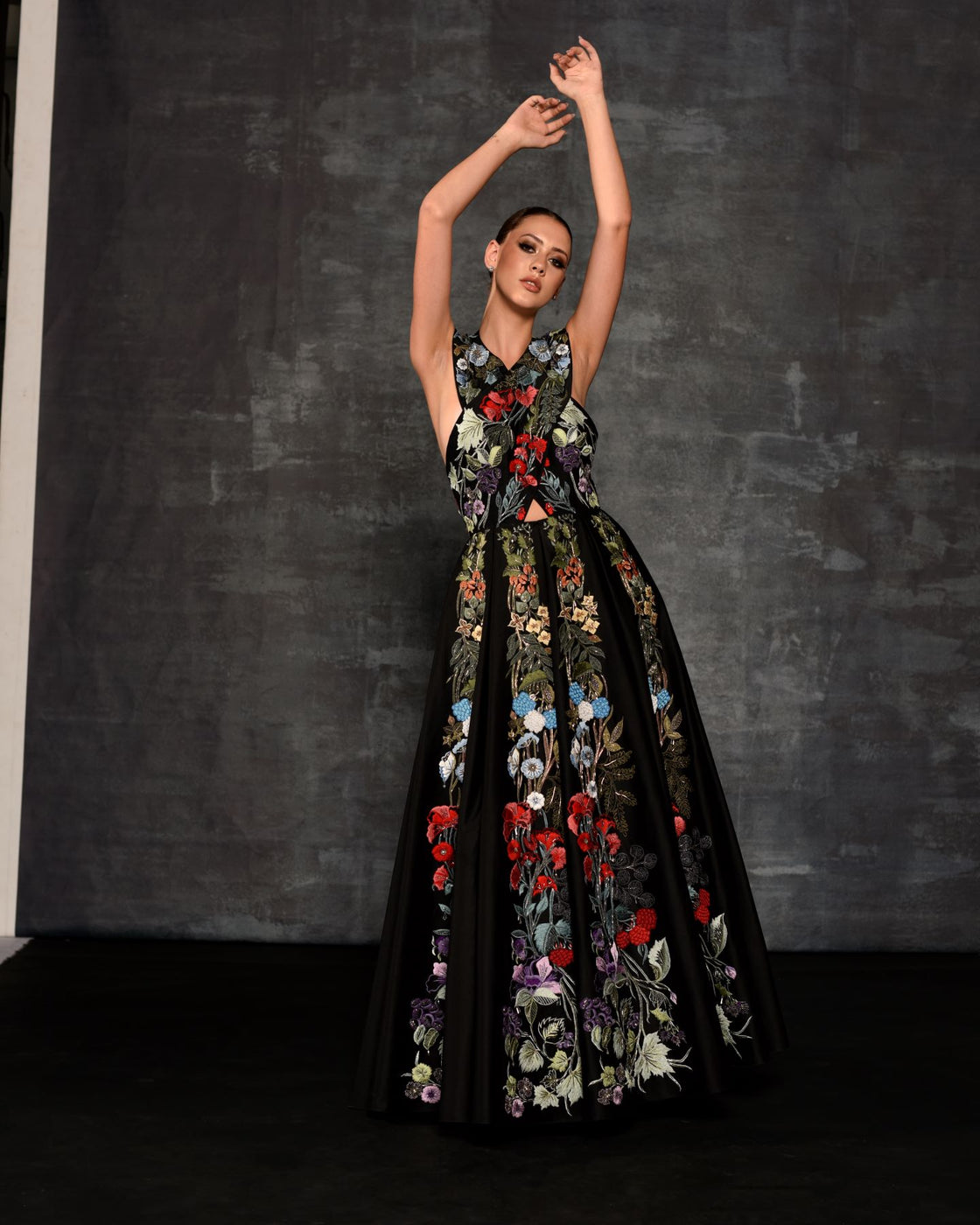 Striking Floral Embroidered Black Formal Gown