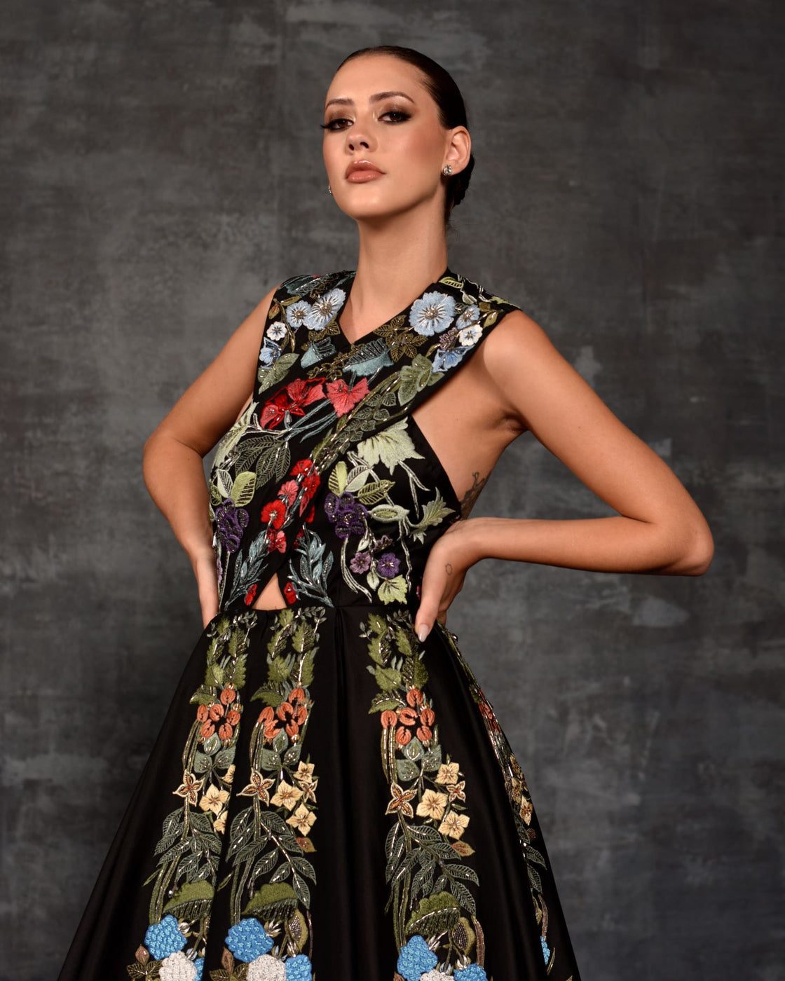 Striking Floral Embroidered Black Formal Gown