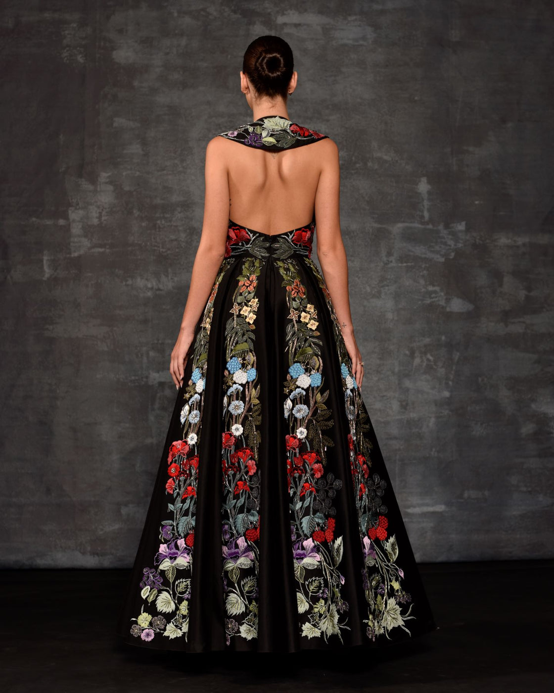 Striking Floral Embroidered Black Formal Gown