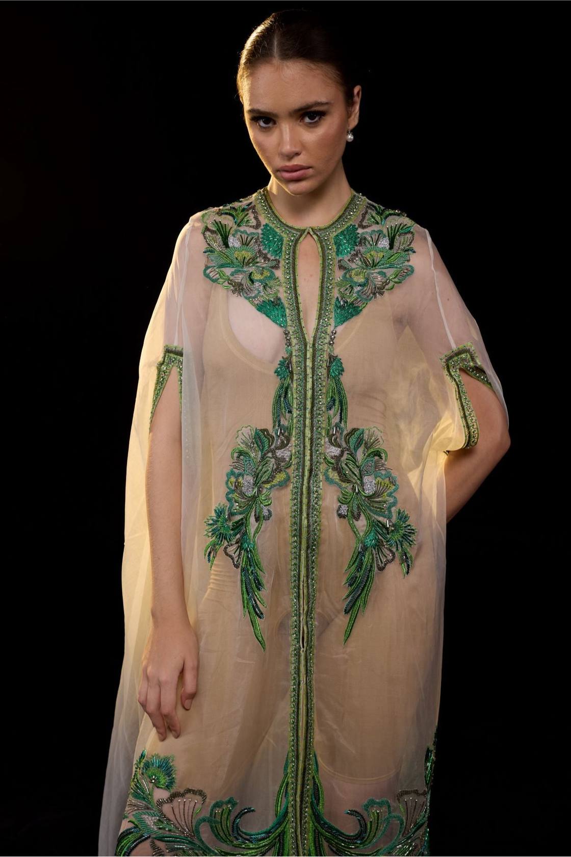 Ivory Embellished Cape Gown With Green Sequin Detailing And Front Slit