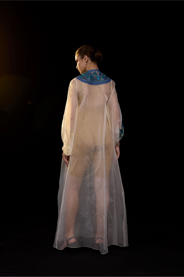 Ivory Sheer Kaftan Gown With Front Opening With Blue Embroidered Yoke
