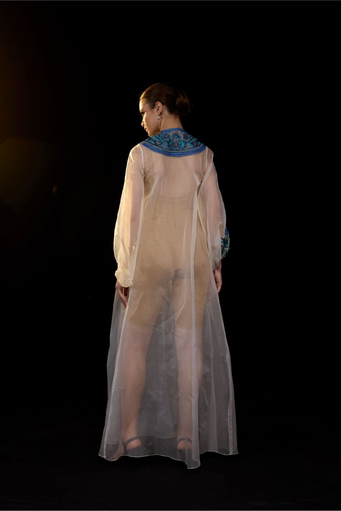 Ivory Sheer Kaftan Gown With Front Opening With Blue Embroidered Yoke